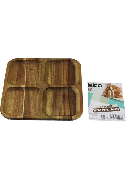 Akasya Kare 4 Bölmeli Ahşap Servis Sunum Tepsi - Tahtası 20 x 1.4cm