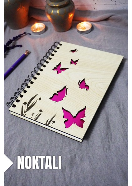 Kelebek Desenli Ahşap Kapaklı Defter - Noktalı Defter - Ajanda - Okul Defteri (A5 - 120 Sayfa)