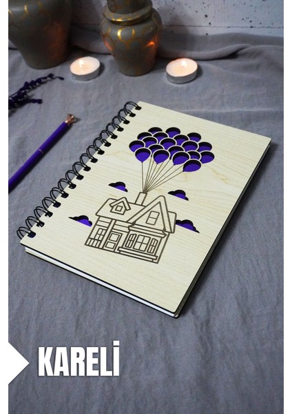 Uçan Balon Ev Desenli Ahşap Kapaklı Defter - Kareli Defter - Ajanda - Okul Defteri (A5 - 120 Sayfa)