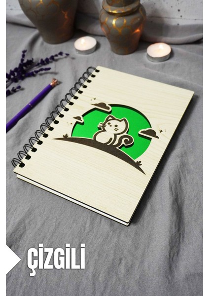 Kedi Desenli Ahşap Kapaklı Defter - Çizgili Defter - Ajanda - Okul Defteri (A5 - 120 Sayfa)