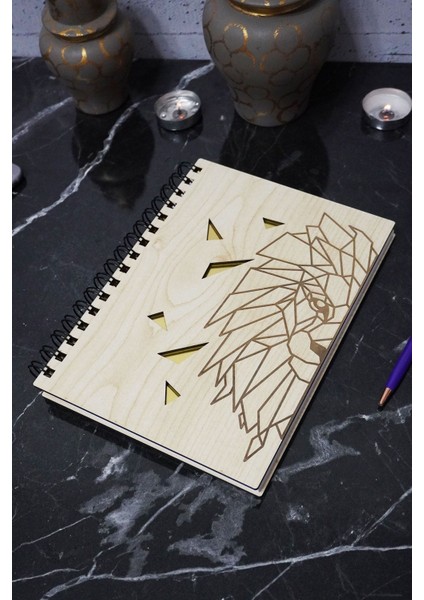 Aslan Figürlü Ahşap Kapaklı Defter - Çizgisiz Defter - Günlük - Ajanda- A5 Anı Defteri