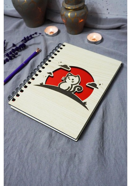 Kedi Desenli Ahşap Kapaklı Defter - Çizgisiz Defter - Günlük - Ajanda-Hediyelik-A5 Anı Defteri