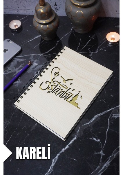 Istanbul Temalı Ahşap Kapaklı Defter - Kareli Defter - Ajanda - Okul Defteri (A5 - 120 Sayfa)