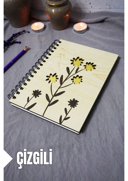 Çiçek Desenli Ahşap Kapaklı Defter - Çizgili Defter - Ajanda - Okul Defteri (A5 - 120 Sayfa)