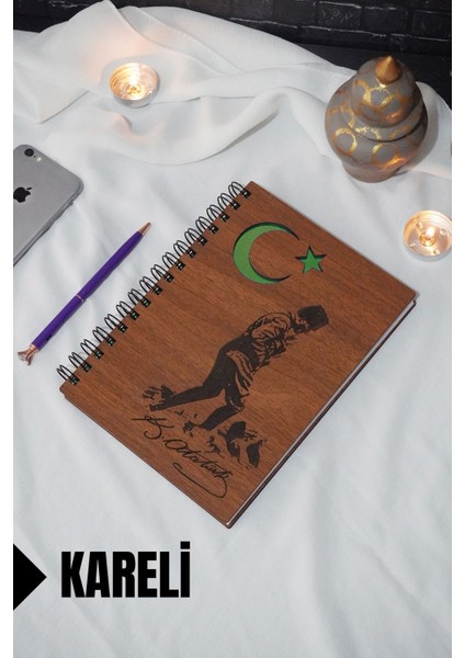 Kemal Atatürk Temalı Ahşap Kapaklı Defter - Kareli Defter - Ajanda - Okul Defteri (A5 - 120 Sayfa)