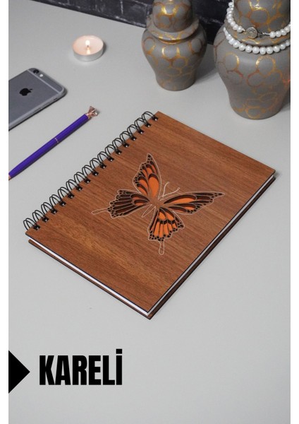 Kelebek Temalı Ahşap Kapaklı Defter - Kareli Defter - Ajanda - Okul Defteri (A5 - 120 Sayfa)