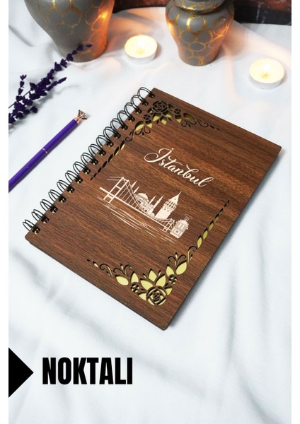 Istanbul Ahşap Kapaklı Spiralli Okul Defteri - Noktalı Defter - 60 Yaprak (120 Sayfa) - A5 15X21 cm