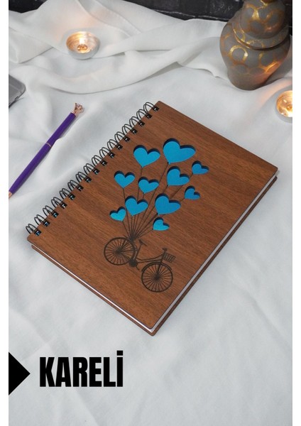 Bisiklet Balon Temalı Ahşap Kapaklı Defter - Kareli Defter - Ajanda - Okul Defteri (A5 - 120 Sayfa)