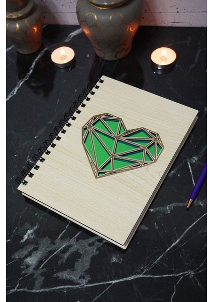 Kalp Desenli Ahşap Kapaklı Defter - Çizgisiz Defter - Günlük - Ajanda- A5 Anı Defteri