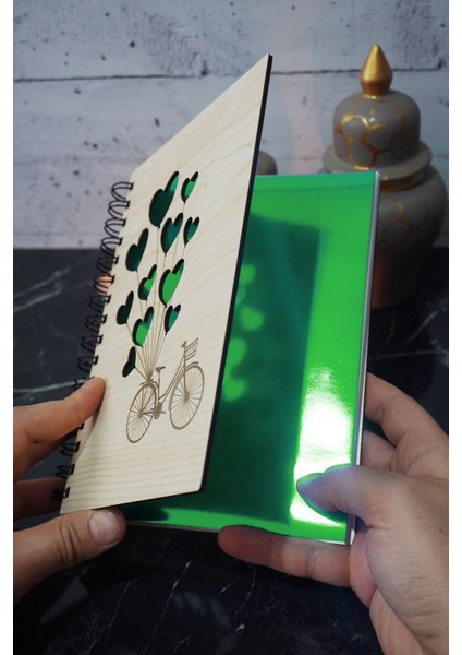 Bisikletli Balon Desen Ahşap Defter - Günlük - Çizgisiz Defter-Anı Defteri-Hediyelik A5 Okul Defteri fiyatları