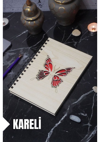Kelebek Temalı Ahşap Kapaklı Defter - Kareli Defter - Ajanda - Okul Defteri (A5 - 120 Sayfa)