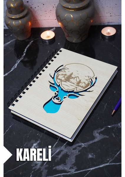 Geyik Temalı Ahşap Kapaklı Defter - Kareli Defter - Ajanda - Okul Defteri (A5 - 120 Sayfa)