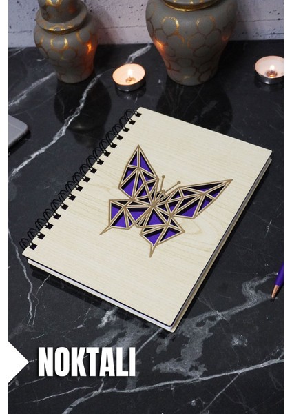 Kelebek Temalı Ahşap Kapaklı Defter - Noktalı Defter - Ajanda - Okul Defteri (A5 - 120 Sayfa)