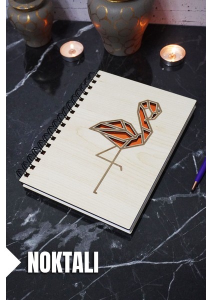 Flamingo Temalı Ahşap Kapaklı Defter - Noktalı Defter - Ajanda - Okul Defteri (A5 - 120 Sayfa)