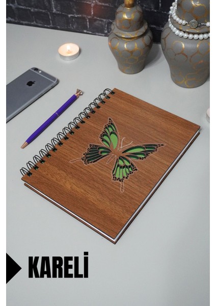 Kelebek Temalı Ahşap Kapaklı Defter - Kareli Defter - Ajanda - Okul Defteri (A5 - 120 Sayfa)