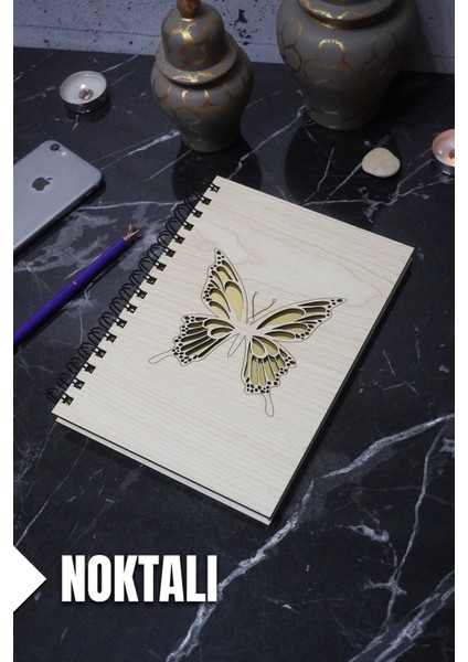 Kelebek Temalı Ahşap Kapaklı Defter - Noktalı Defter - Ajanda - Okul Defteri (A5 - 120 Sayfa)