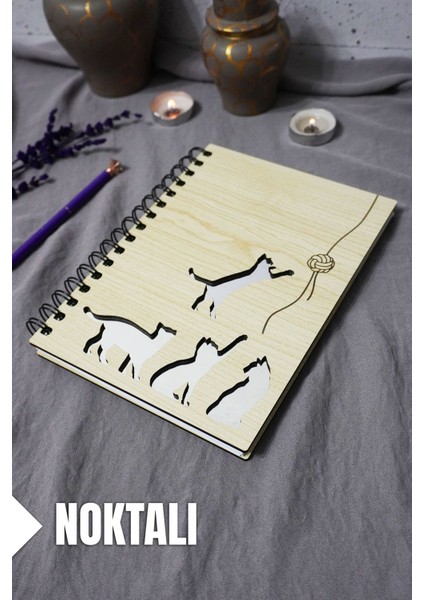 Kedi Desenli Ahşap Kapaklı Defter - Noktalı Defter - Ajanda - Okul Defteri (A5 - 120 Sayfa)