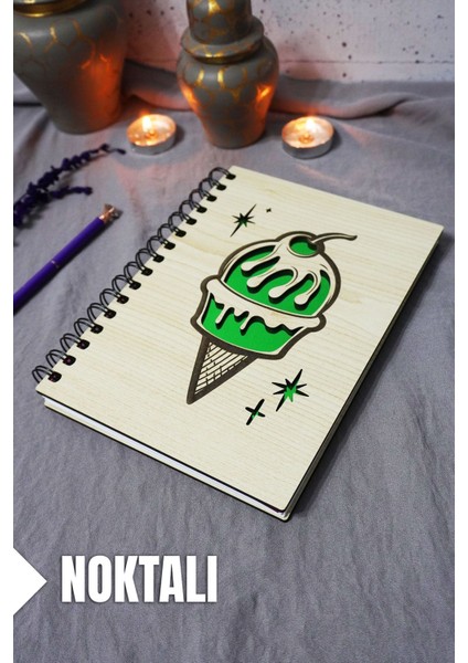 Dondurma Desenli Ahşap Kapaklı Defter - Noktalı Defter - Ajanda - Okul Defteri (A5 - 120 Sayfa)