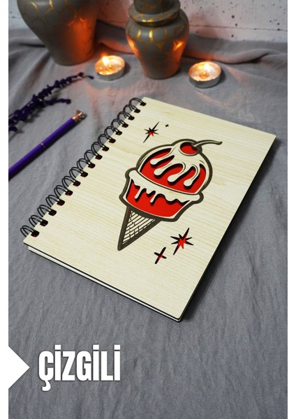 Dondurma Desenli Ahşap Kapaklı Defter - Çizgili Defter - Ajanda - Okul Defteri (A5 - 120 Sayfa)
