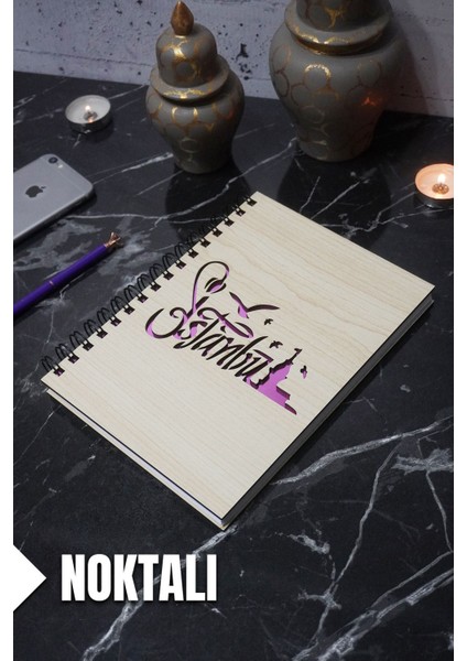 Istanbul Temalı Ahşap Kapaklı Defter - Noktalı Defter - Ajanda - Okul Defteri (A5 - 120 Sayfa)