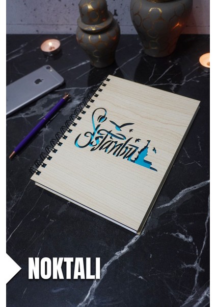 Istanbul Temalı Ahşap Kapaklı Defter - Noktalı Defter - Ajanda - Okul Defteri (A5 - 120 Sayfa)