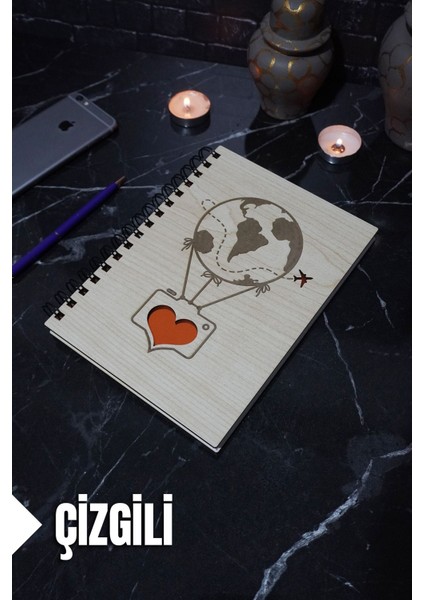 Uçan Balon Temalı Ahşap Kapaklı Defter - Çizgili Defter - Ajanda - Okul Defteri (A5 - 120 Sayfa)