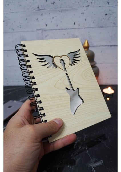 Gitar Kanat Temalı Ahşap Kapaklı Defter - Çizgisiz Defter - Günlük - Ajanda- A5 Anı Defteri