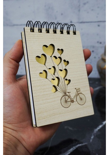 Bisiklet Balon Temalı Ahşap Kapaklı Not Defteri - Mini Defter - Cep Defteri - Benim Listem