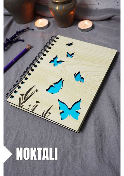 Kelebek Desenli Ahşap Kapaklı Defter - Noktalı Defter - Ajanda - Okul Defteri (A5 - 120 Sayfa)