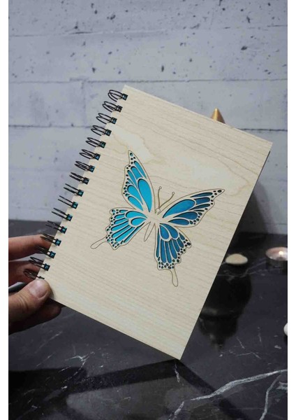 Kelebek Temalı Ahşap Kapaklı Defter - Noktalı Defter - Ajanda - Okul Defteri (A5 - 120 Sayfa) modelleri