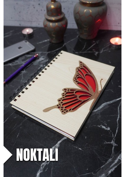 Kelebek Temalı Ahşap Kapaklı Defter - Noktalı Defter - Ajanda - Okul Defteri (A5 - 120 Sayfa)