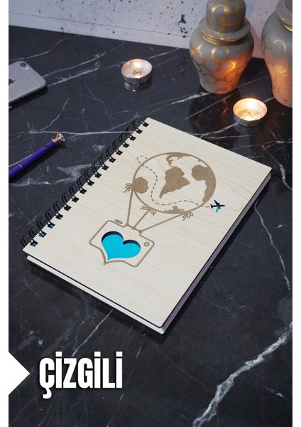 Uçan Balon Temalı Ahşap Kapaklı Defter - Çizgili Defter - Ajanda - Okul Defteri (A5 - 120 Sayfa)