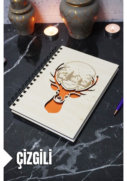 Geyik Figürlü Ahşap Kapaklı Defter - Çizgili Defter - Ajanda - Okul Defteri (A5 - 120 Sayfa)