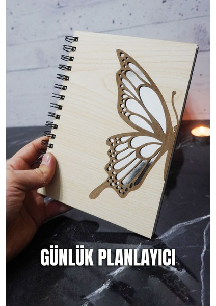 Kelebek Tasarım Ahşap Kapaklı Günlük Planlayıcı - Tarihsiz Ajanda - Süresiz Planlama Defteri - A5