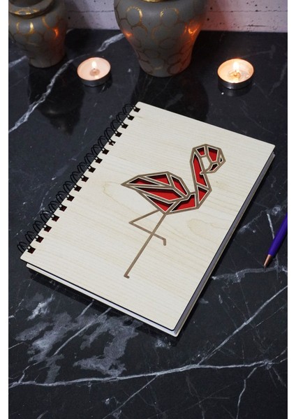 Flamingo Figürlü Ahşap Kapaklı Defter - Çizgisiz Defter - Günlük - Ajanda- A5 Anı Defteri