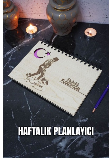 Mustafa Kemal Atatürk Ahşap Tarihsiz Plan Defteri - Süresiz Ajanda - Haftalık Planlayıcı - A5