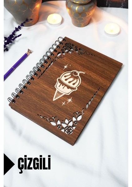 Dondurma Ahşap Kapaklı Defter - Çizgili Defter - 60 Yaprak (120 Sayfa) - A5 15X21 cm