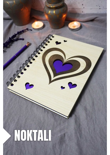 Kalp Desenli Ahşap Kapaklı Defter - Noktalı Defter - Ajanda - Okul Defteri (A5 - 120 Sayfa)