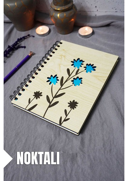 Çiçek Desenli Ahşap Kapaklı Defter - Noktalı Defter - Ajanda - Okul Defteri (A5 - 120 Sayfa)