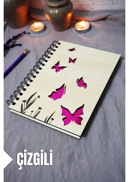 Kelebek Desenli Ahşap Kapaklı Defter - Çizgili Defter - Ajanda - Okul Defteri (A5 - 120 Sayfa)