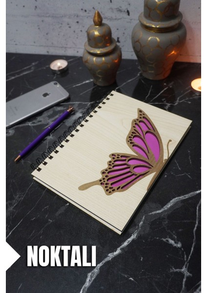 Kelebek Temalı Ahşap Kapaklı Defter - Noktalı Defter - Ajanda - Okul Defteri (A5 - 120 Sayfa)