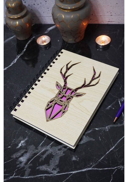 Geyik Figürlü Ahşap Kapaklı Defter - Çizgisiz Defter - Günlük - Ajanda- A5 Anı Defteri