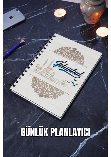 Istanbul Yazılı Ahşap Kapak Plan Defteri - Süresiz Ajanda - Günlük Planlayıcı - A5 Defter