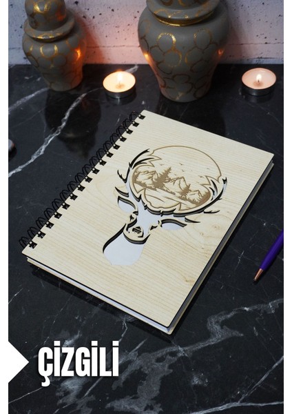 Geyik Figürlü Ahşap Kapaklı Defter - Çizgili Defter - Ajanda - Okul Defteri (A5 - 120 Sayfa)