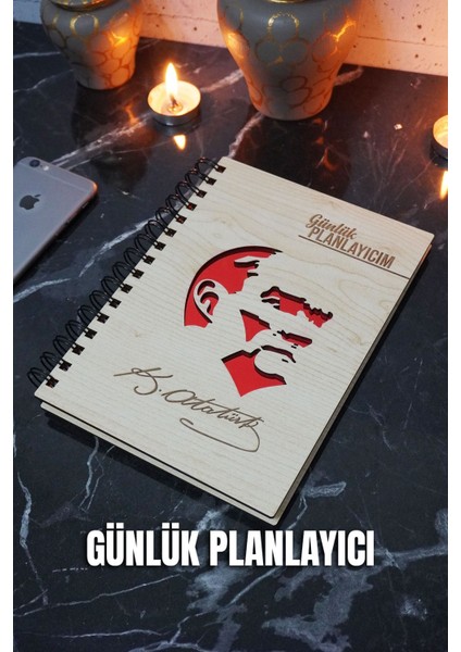 Mustafa Kemal Atatürk Ahşap Plan Defteri - Tarihsiz Ajanda - Günlük Planlayıcı A5