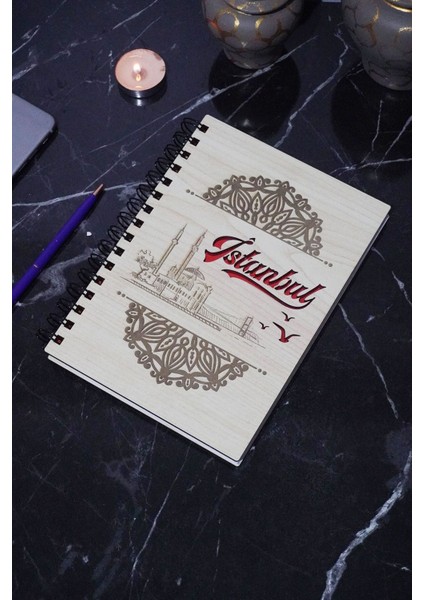 Istanbul Desen Ahşap Defter - Ajanda - Günlük - Çizgisiz Defter-Seyahat Defteri - A5 Notebook