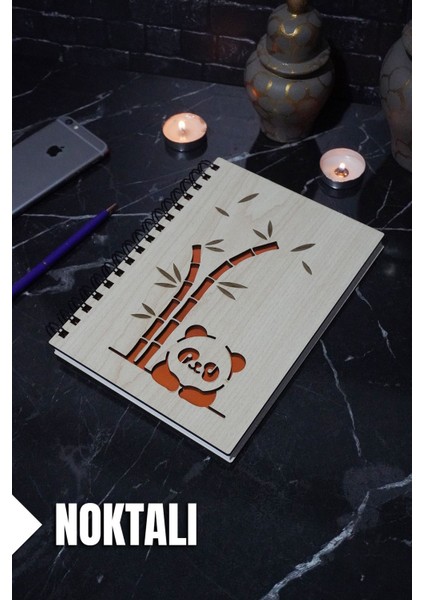 Panda Temalı Ahşap Kapaklı Defter - Noktalı Defter - Ajanda - Okul Defteri (A5 - 120 Sayfa)