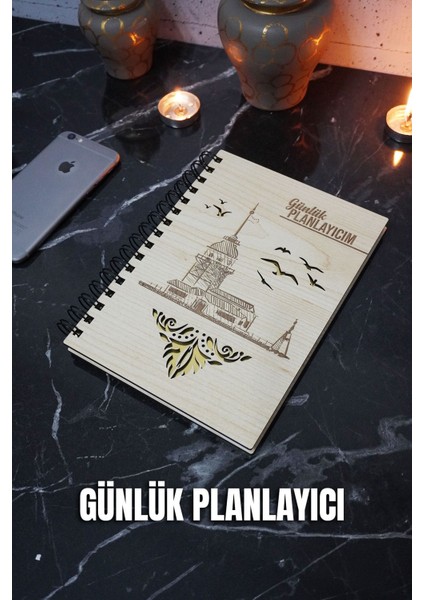 Kız Kulesi Ahşap Kapak Plan Defteri - Tarihsiz Ajanda - Günlük Planlayıcı (Süresiz Planlayıcı) A5