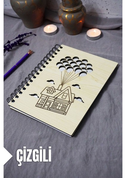 Uçan Balon Ev Ahşap Kapaklı Defter - Çizgili Defter - Ajanda - Okul Defteri (A5 - 120 Sayfa)