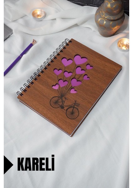 Bisiklet Balon Temalı Ahşap Kapaklı Defter - Kareli Defter - Ajanda - Okul Defteri (A5 - 120 Sayfa)